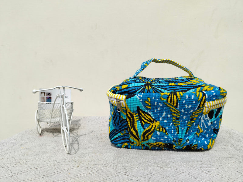 Large Quilted Makeup Bag Cosmetic Vanity Case / Cotton Travel Storage Bag / Opens Flat for Easy Access Toiletry Bag Bridal Shower Gift - 3