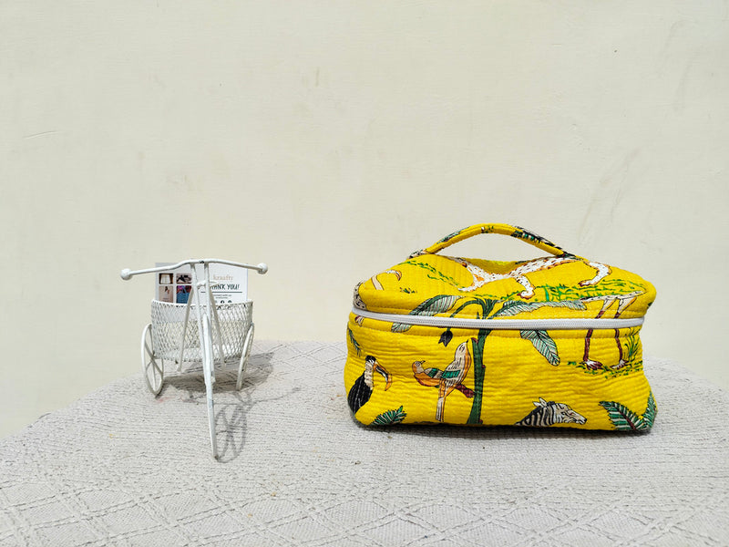 Large Quilted Makeup Bag Cosmetic Vanity Case / Cotton Travel Storage Bag / Opens Flat for Easy Access Toiletry Bag Bridal Shower Gift - 4