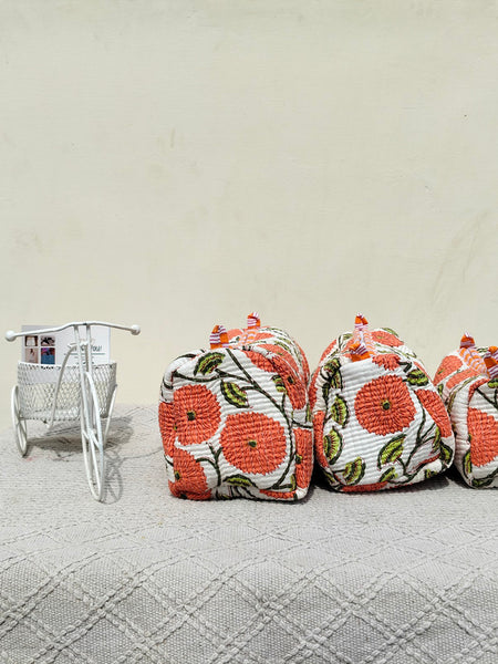 Set of 3 Black Floral Quilted Makeup Bags - Hand Block Printed Toiletry & Travel Pouch Set for Women - 13