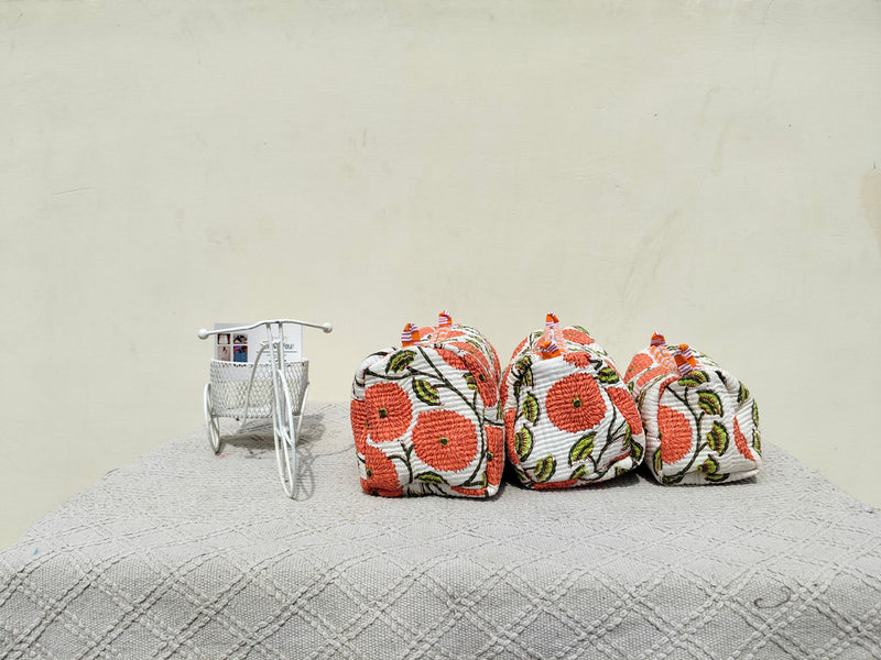 Set of 3 Black Floral Quilted Makeup Bags - Hand Block Printed Toiletry & Travel Pouch Set for Women - 13