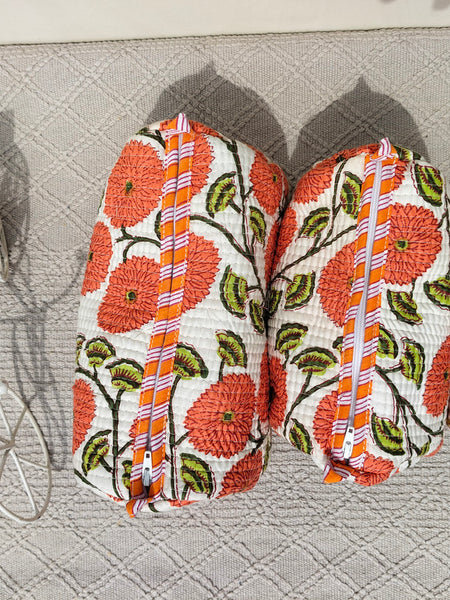 Set of 3 Black Floral Quilted Makeup Bags - Hand Block Printed Toiletry & Travel Pouch Set for Women - 13