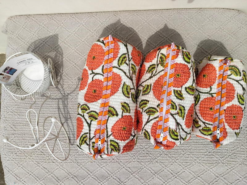 Set of 3 Black Floral Quilted Makeup Bags - Hand Block Printed Toiletry & Travel Pouch Set for Women - 13