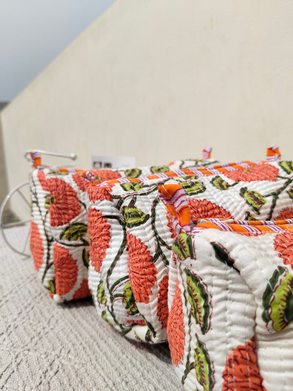 Set of 3 Black Floral Quilted Makeup Bags - Hand Block Printed Toiletry & Travel Pouch Set for Women - 13