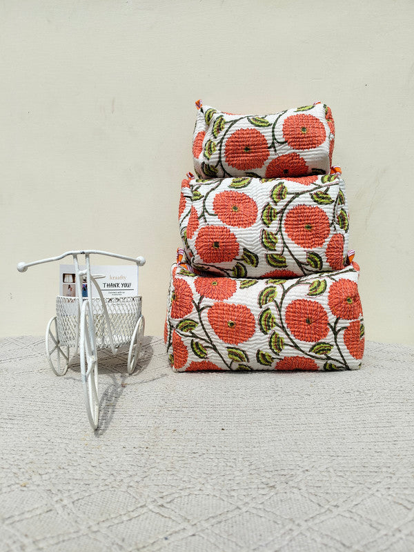 Set of 3 Black Floral Quilted Makeup Bags - Hand Block Printed Toiletry & Travel Pouch Set for Women - 13