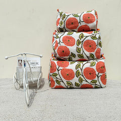 Set of 3 Black Floral Quilted Makeup Bags - Hand Block Printed Toiletry & Travel Pouch Set for Women - 13