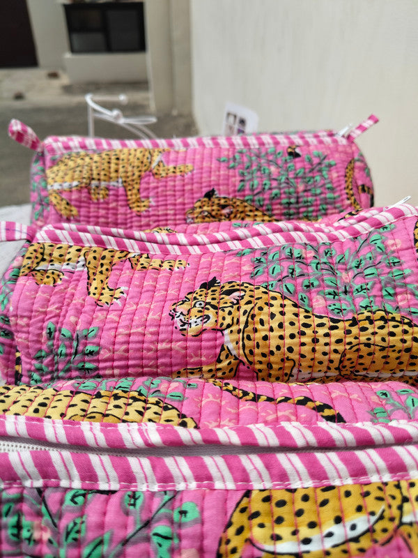 Set of 3 Black Floral Quilted Makeup Bags - Hand Block Printed Toiletry & Travel Pouch Set for Women - 12