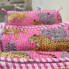 Set of 3 Black Floral Quilted Makeup Bags - Hand Block Printed Toiletry & Travel Pouch Set for Women - 12