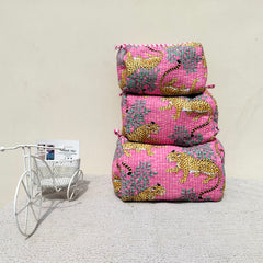 Set of 3 Black Floral Quilted Makeup Bags - Hand Block Printed Toiletry & Travel Pouch Set for Women - 12