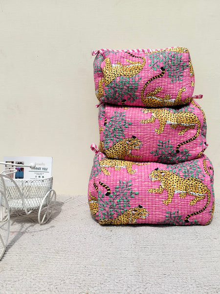 Set of 3 Black Floral Quilted Makeup Bags - Hand Block Printed Toiletry & Travel Pouch Set for Women - 12