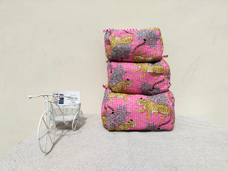 Set of 3 Black Floral Quilted Makeup Bags - Hand Block Printed Toiletry & Travel Pouch Set for Women - 12