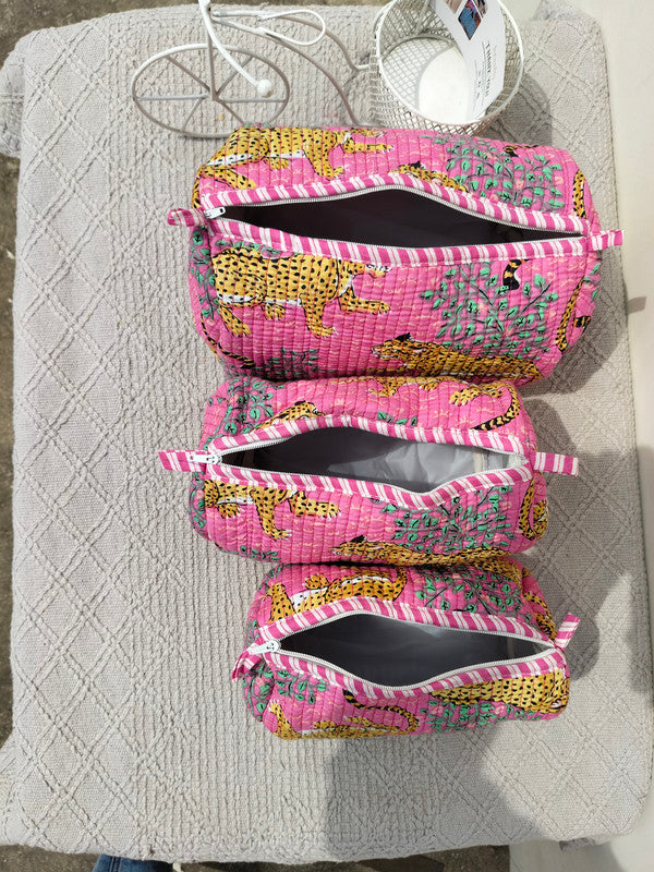 Set of 3 Black Floral Quilted Makeup Bags - Hand Block Printed Toiletry & Travel Pouch Set for Women - 12