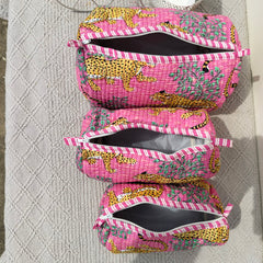 Set of 3 Black Floral Quilted Makeup Bags - Hand Block Printed Toiletry & Travel Pouch Set for Women - 12