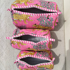 Set of 3 Black Floral Quilted Makeup Bags - Hand Block Printed Toiletry & Travel Pouch Set for Women - 12