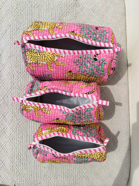 Set of 3 Black Floral Quilted Makeup Bags - Hand Block Printed Toiletry & Travel Pouch Set for Women - 12