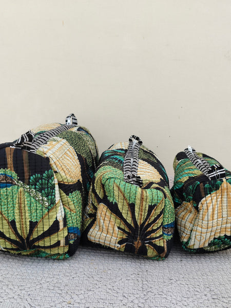 Set of 3 Black Floral Quilted Makeup Bags - Hand Block Printed Toiletry & Travel Pouch Set for Women - 11