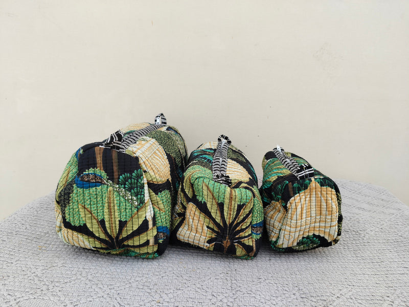 Set of 3 Black Floral Quilted Makeup Bags - Hand Block Printed Toiletry & Travel Pouch Set for Women - 11