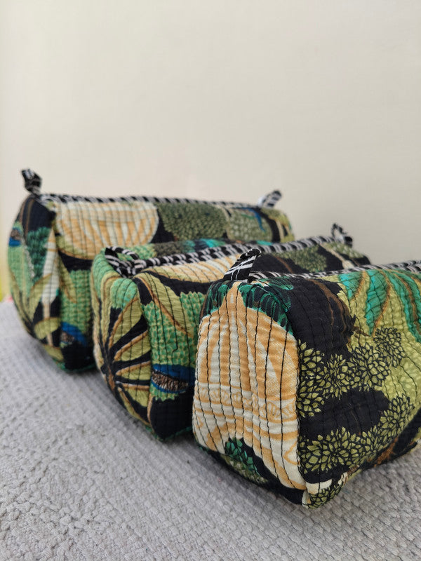 Set of 3 Black Floral Quilted Makeup Bags - Hand Block Printed Toiletry & Travel Pouch Set for Women - 11