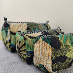 Set of 3 Black Floral Quilted Makeup Bags - Hand Block Printed Toiletry & Travel Pouch Set for Women - 11