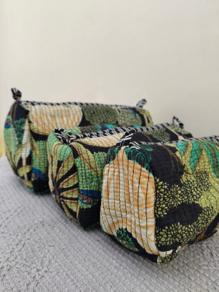 Set of 3 Black Floral Quilted Makeup Bags - Hand Block Printed Toiletry & Travel Pouch Set for Women - 11