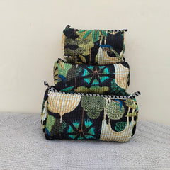 Set of 3 Black Floral Quilted Makeup Bags - Hand Block Printed Toiletry & Travel Pouch Set for Women - 11