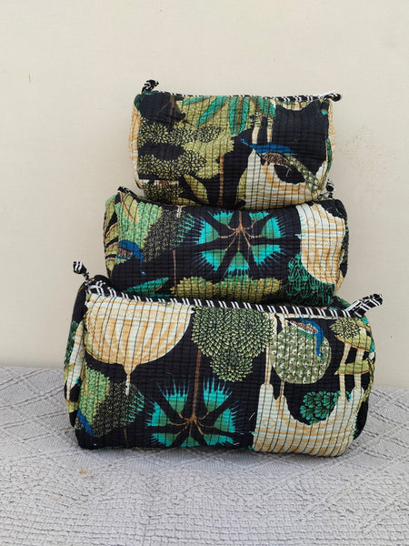 Set of 3 Black Floral Quilted Makeup Bags - Hand Block Printed Toiletry & Travel Pouch Set for Women - 11