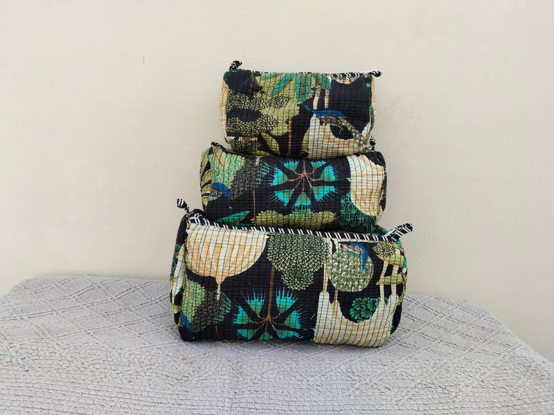 Set of 3 Black Floral Quilted Makeup Bags - Hand Block Printed Toiletry & Travel Pouch Set for Women - 11