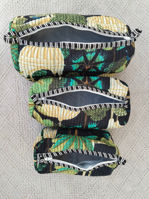 Set of 3 Black Floral Quilted Makeup Bags - Hand Block Printed Toiletry & Travel Pouch Set for Women - 11