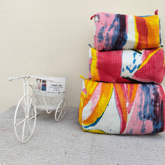 Set of 3 Black Floral Quilted Makeup Bags - Hand Block Printed Toiletry & Travel Pouch Set for Women - 10