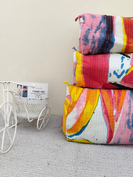 Set of 3 Black Floral Quilted Makeup Bags - Hand Block Printed Toiletry & Travel Pouch Set for Women - 10
