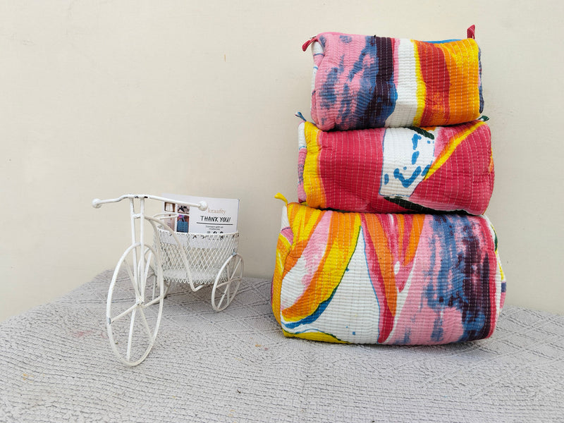 Set of 3 Black Floral Quilted Makeup Bags - Hand Block Printed Toiletry & Travel Pouch Set for Women - 10