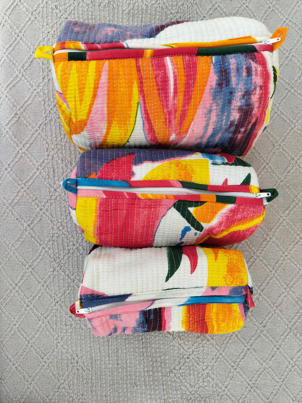 Set of 3 Black Floral Quilted Makeup Bags - Hand Block Printed Toiletry & Travel Pouch Set for Women - 10