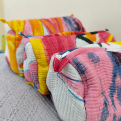 Set of 3 Black Floral Quilted Makeup Bags - Hand Block Printed Toiletry & Travel Pouch Set for Women - 10