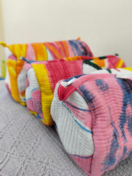 Set of 3 Black Floral Quilted Makeup Bags - Hand Block Printed Toiletry & Travel Pouch Set for Women - 10