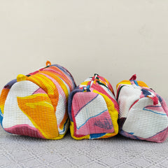 Set of 3 Black Floral Quilted Makeup Bags - Hand Block Printed Toiletry & Travel Pouch Set for Women - 10