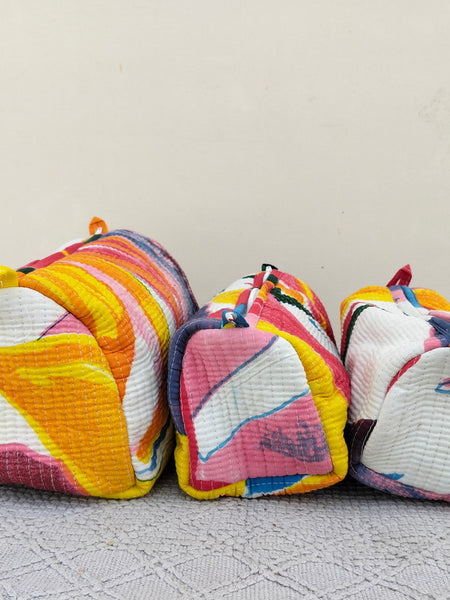 Set of 3 Black Floral Quilted Makeup Bags - Hand Block Printed Toiletry & Travel Pouch Set for Women - 10