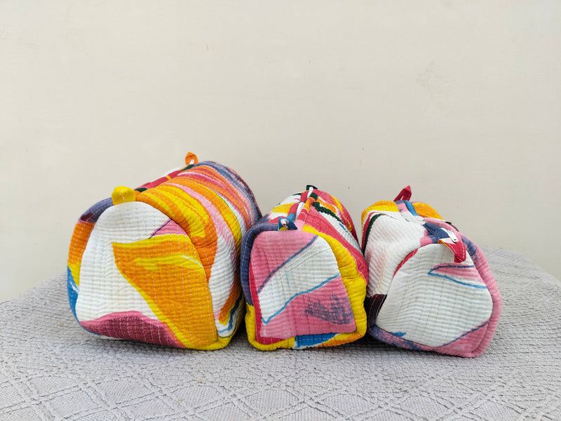 Set of 3 Black Floral Quilted Makeup Bags - Hand Block Printed Toiletry & Travel Pouch Set for Women - 10