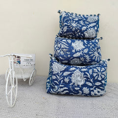 Set of 3 Black Floral Quilted Makeup Bags - Hand Block Printed Toiletry & Travel Pouch Set for Women - 9