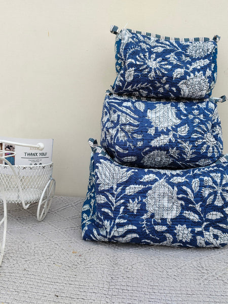 Set of 3 Black Floral Quilted Makeup Bags - Hand Block Printed Toiletry & Travel Pouch Set for Women - 9