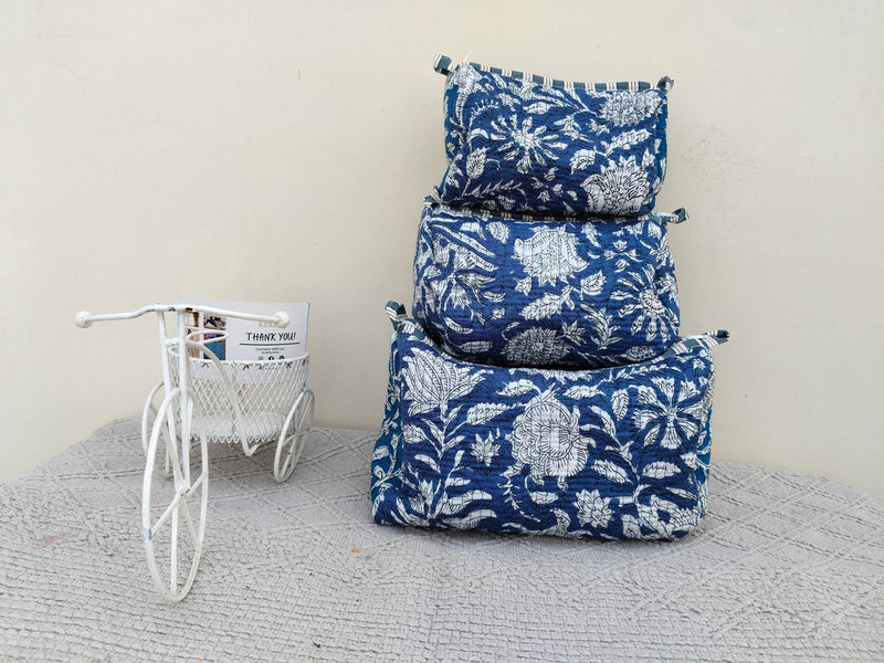 Set of 3 Black Floral Quilted Makeup Bags - Hand Block Printed Toiletry & Travel Pouch Set for Women - 9