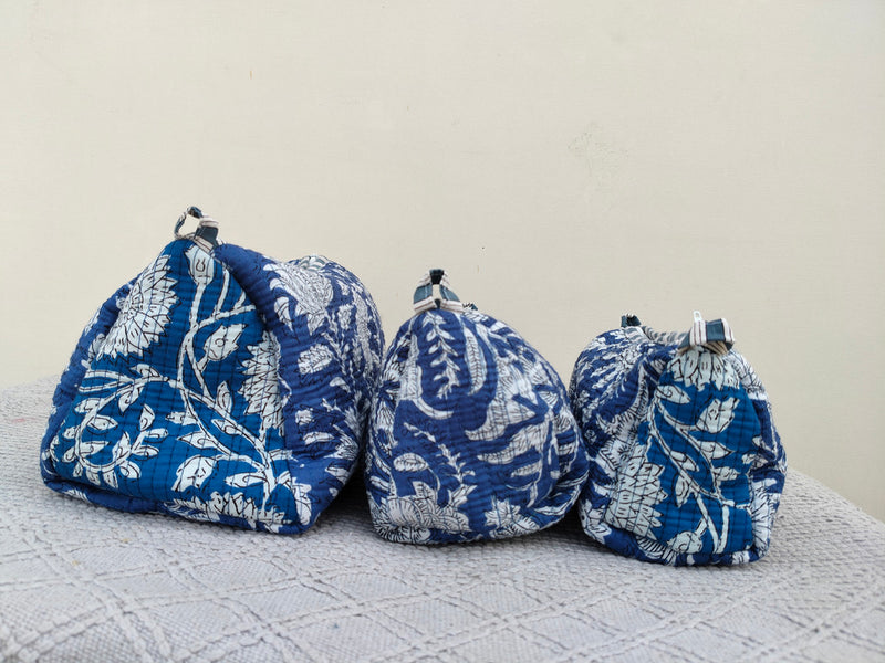 Set of 3 Black Floral Quilted Makeup Bags - Hand Block Printed Toiletry & Travel Pouch Set for Women - 9