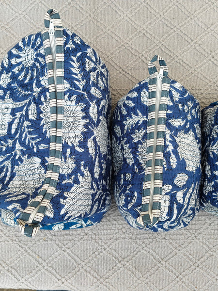 Set of 3 Black Floral Quilted Makeup Bags - Hand Block Printed Toiletry & Travel Pouch Set for Women - 9