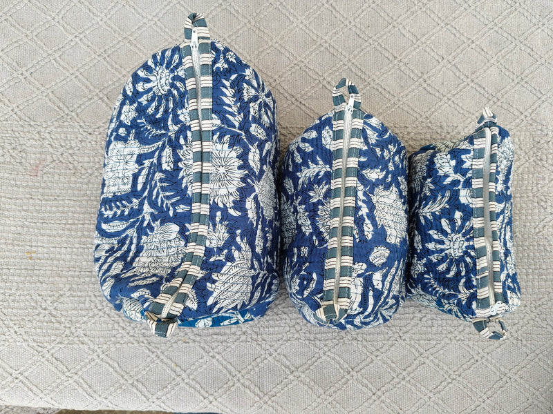 Set of 3 Black Floral Quilted Makeup Bags - Hand Block Printed Toiletry & Travel Pouch Set for Women - 9