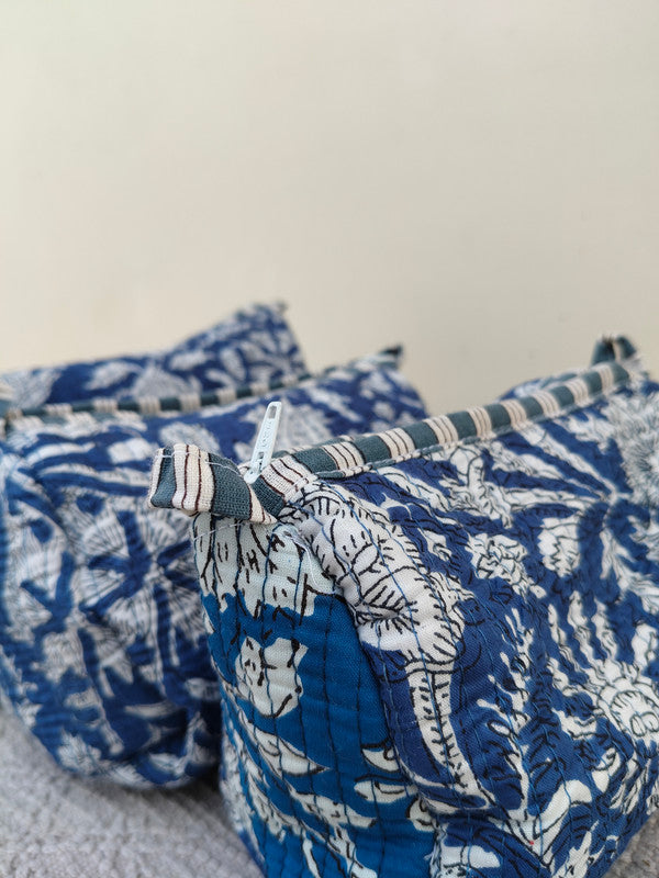 Set of 3 Black Floral Quilted Makeup Bags - Hand Block Printed Toiletry & Travel Pouch Set for Women - 9