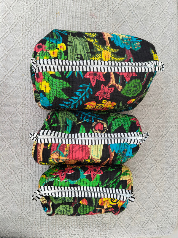 Set of 3 Black Floral Quilted Makeup Bags - Hand Block Printed Toiletry & Travel Pouch Set for Women - 8