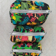 Set of 3 Black Floral Quilted Makeup Bags - Hand Block Printed Toiletry & Travel Pouch Set for Women - 8