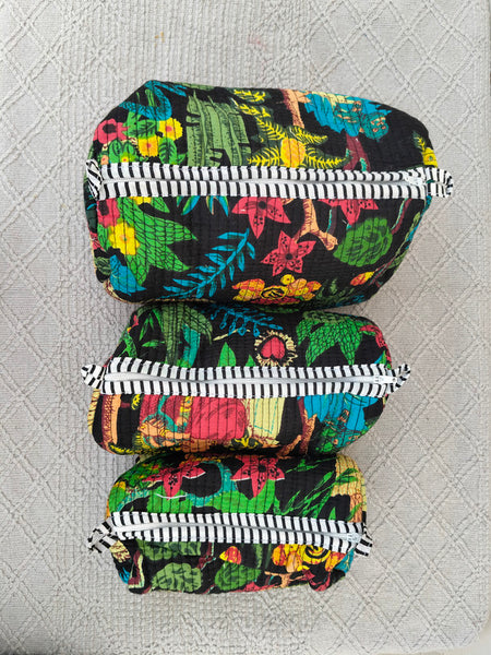 Set of 3 Black Floral Quilted Makeup Bags - Hand Block Printed Toiletry & Travel Pouch Set for Women - 8