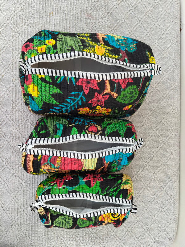 Set of 3 Black Floral Quilted Makeup Bags - Hand Block Printed Toiletry & Travel Pouch Set for Women - 8