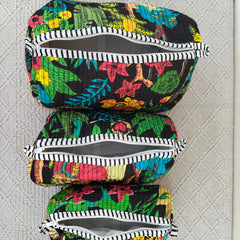 Set of 3 Black Floral Quilted Makeup Bags - Hand Block Printed Toiletry & Travel Pouch Set for Women - 8