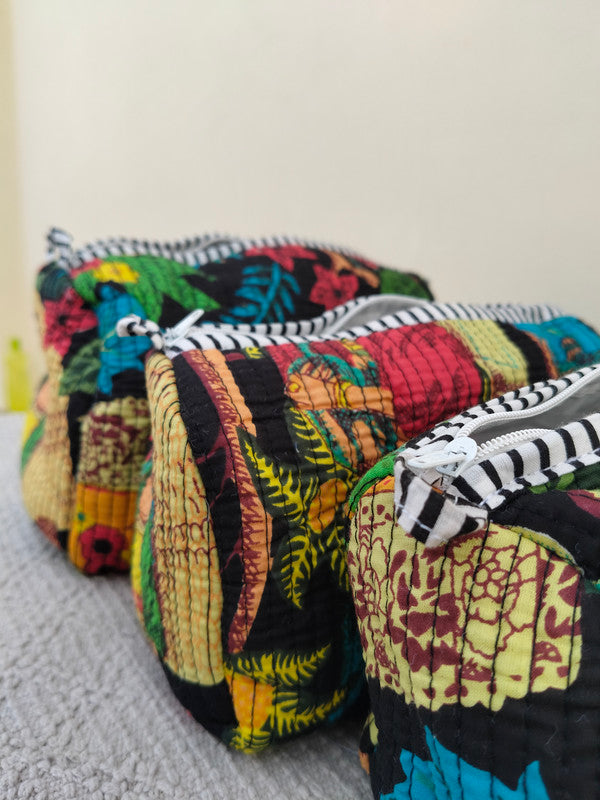 Set of 3 Black Floral Quilted Makeup Bags - Hand Block Printed Toiletry & Travel Pouch Set for Women - 8