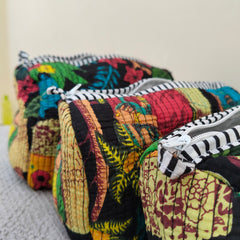 Set of 3 Black Floral Quilted Makeup Bags - Hand Block Printed Toiletry & Travel Pouch Set for Women - 8